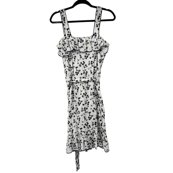 Ann Taylor White Blue Embroidered Ruffle Top Belted Knee Length Summer Dress S - Picture 3 of 11